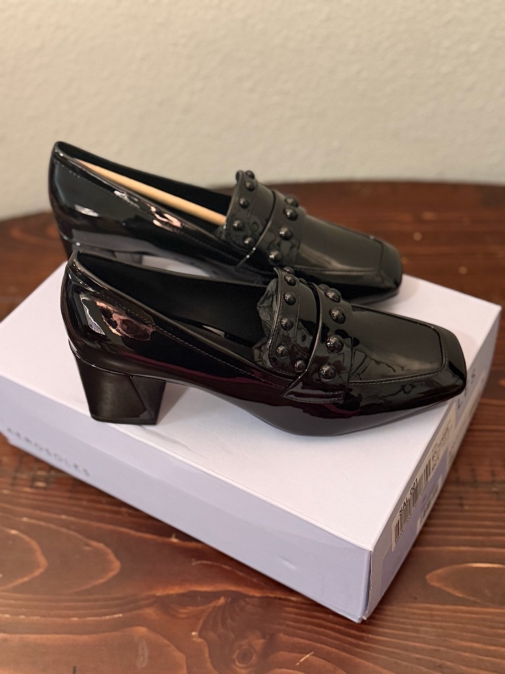 AEROSOLES Black Patent Studded Block Heel Loafers